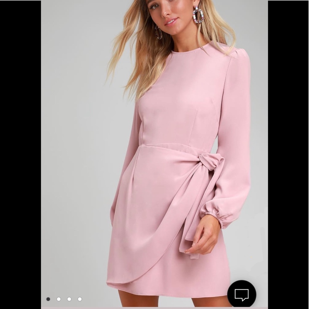 Lulu’s Believe It or Knot Rose Pink Long Sleeve Tie-Front Skater Dress s…